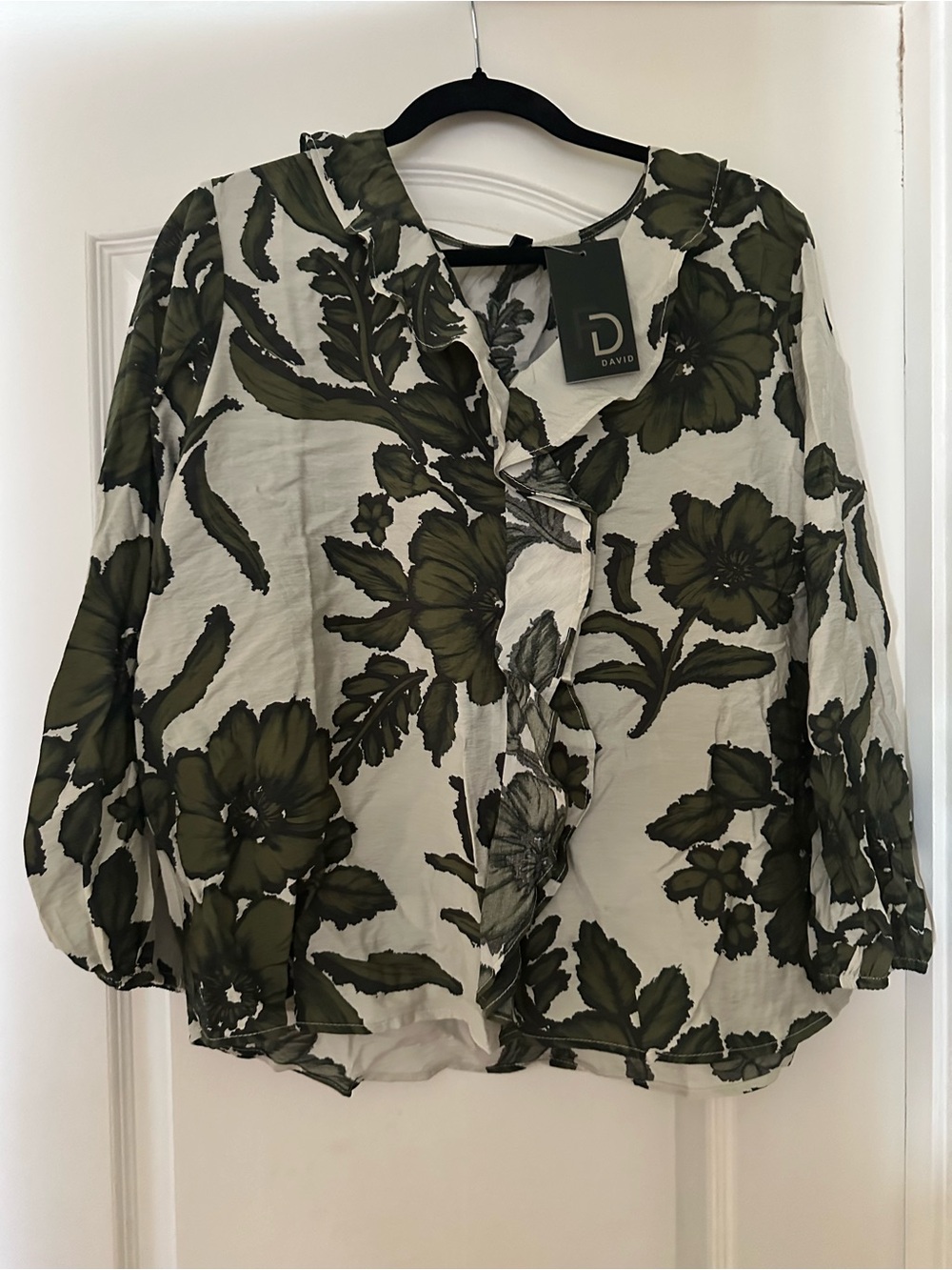 Fred David Olive Floral Ruffle-Front Blouse